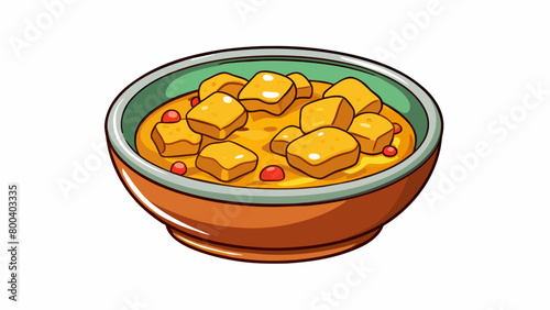 A bowl of tempeh curry made from chunks of tempeh that have soaked up the fragrant es and coconut milk has a tender crumbly texture and a warm earthy. Cartoon Vector.