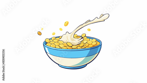 A bowl of cereal with a generous pour of milk making the flakes appear to float and dance in the creamy white liquid. The milk has a hint of sweetness. Cartoon Vector.