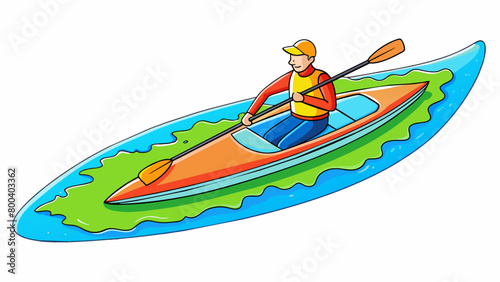 A bright neoncolored kayak sits atop a gentle rolling river. Its wide flat shape provides stability as the paddler dips their oars into the water. Cartoon Vector.