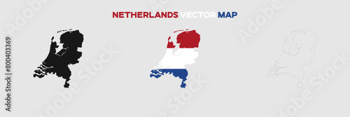 Netherlands Map Vector Pack. Map with Flag. Gray Map Silhouette. Gray Outline Map. Editable EPS file. 