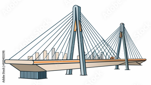 A cablestayed bridge with two towering support pillars and thick metal cables stretching across the sky. The deck is made of sleek concrete and lined. Cartoon Vector. photo