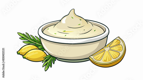 A chunky white dip infused with garlic dill and lemon juice perfect for topping off grilled meats and veggies.  on white background . Cartoon Vector.