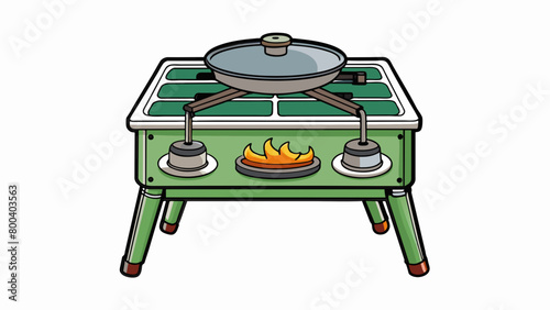 A classic camping stove with a cast iron cooking surface and multiple burners. It has a large cooking area and sy legs to keep it stable on uneven. Cartoon Vector.