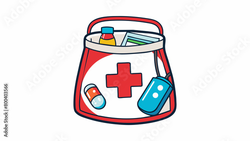 A clear plastic pouch with a top handle featuring a large red cross symbol and filled with emergency medication like pain relievers antiinflammatory. Cartoon Vector.