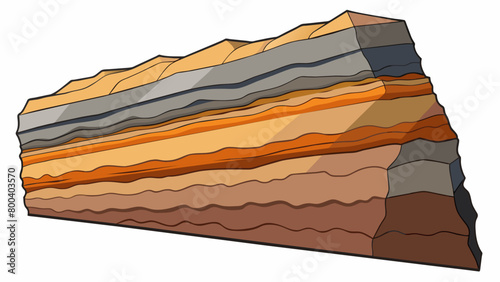 A cliff face made of stacked layers of sedimentary rock each layer a different shade of brown tan and gray. The layers are clearly defined and show. Cartoon Vector.