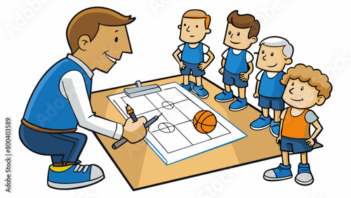 A coach drawing out a play on a clipboard pointing to different areas of the court and giving instructions to their team. The players huddle around. Cartoon Vector.