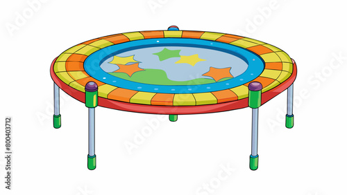 A compact foldable trampoline with a handlebar attached perfect for indoor use during cold and rainy days. Its adorned with bright patterns and colors. Cartoon Vector.