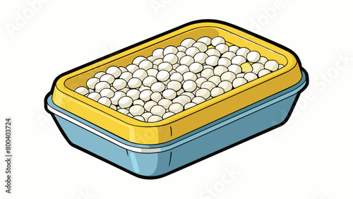 A compact plastic container filled with small white pellets. The pellets have a grainy texture and a fresh lemony scent.  on white background . Cartoon Vector.
