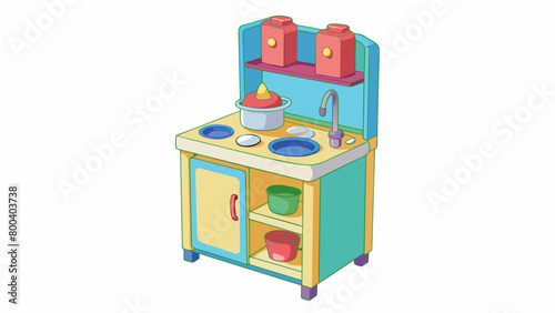 A compact play kitchen set ideal for small spaces featuring a foldable design with a table for prepping and cooking a sink and shelves for storage.. Cartoon Vector.