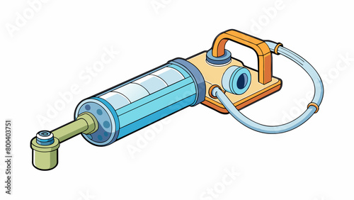 A compact handheld device with a pump mechanism and a long tube attached. Dirty water can be siphoned through the tube and into the filter where a. Cartoon Vector.