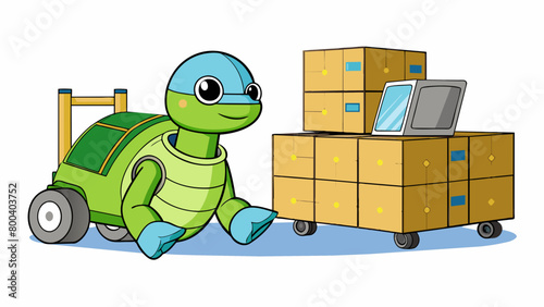 A compact security robot resembling a turtle rolls around a warehouse scanning barcodes and checking for any unusual activity using its builtin laser. Cartoon Vector.