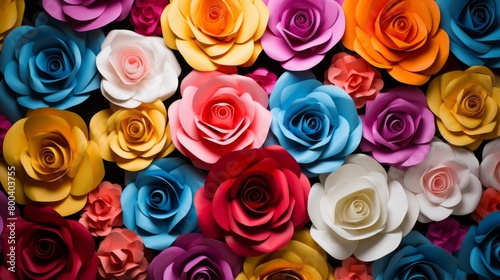 An array of exquisite paper roses with deep and pastel colors strategically placed to delight the viewer