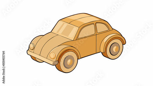 A compact toy car made of wood with a natural unfinished aesthetic. The car has four round wheels and a simple minimalist design. It is lightweight. Cartoon Vector.