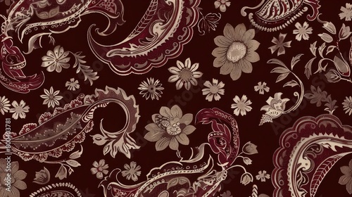 Deep maroon backdrop with intertwining paisley and floral designs.