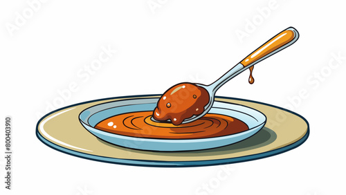 A dark amber syrup that slowly drips from a s with a surprising lightness and airy quality as it settles into a small pool on the plate.  on white. Cartoon Vector.
