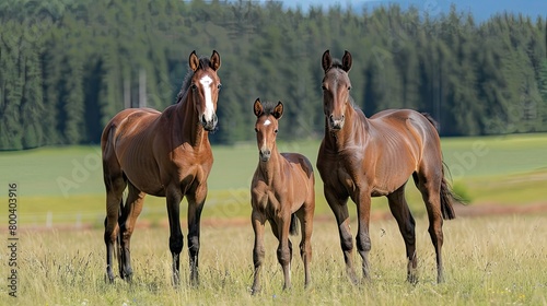 Three horses with sorrel coats standing together in a natural landscape field © pvl0707