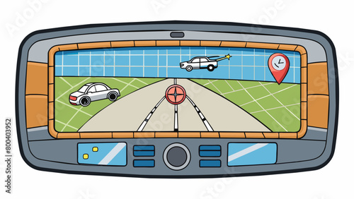 A device installed in a cars dashboard that uses satellites to calculate the fastest route to a chosen destination and gives spoken turnbyturn. Cartoon Vector.