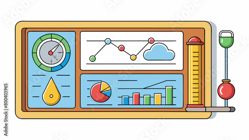 A digital screen with colorful graphs and numbers that display realtime changes in atmospheric pressure. The device also has buttons to switch between. Cartoon Vector.
