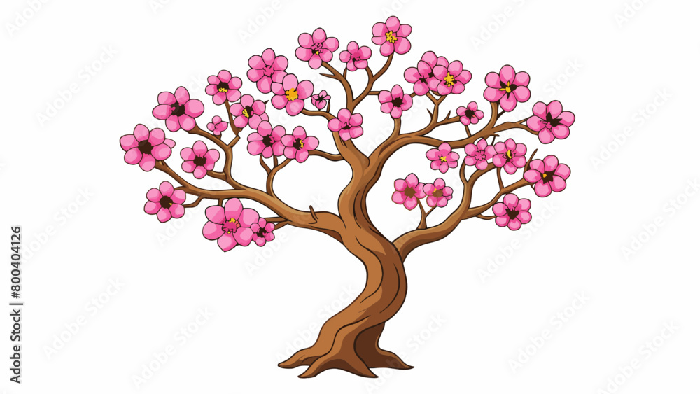 A flowering tree with a sy gnarled trunk and delicate pink blossoms bursting from its branches.  on white background . Cartoon Vector.
