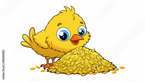A fluffy yellow chick pecking at a pile of grains with tiny soft feathers and bright curious eyes.  on white background . Cartoon Vector.