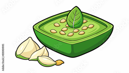 A fragrant emerald paste made from the perfect blend of basil garlic and pine nuts with a subtle hint of Parmesan cheese.  on white background . Cartoon Vector.