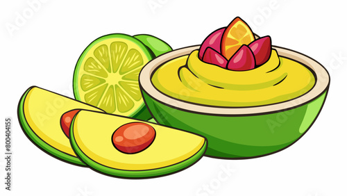 A fresh and fruity blend of mashed avocado mixed with diced mango red onion and lime juice creating a sweet and savory dip perfect for summertime. Cartoon Vector.