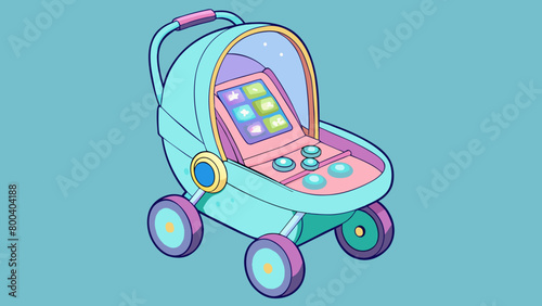 A futuristiclooking doll stroller made of clear plastic and neon accents with an interactive control panel that plays sounds and lights up as the. Cartoon Vector.