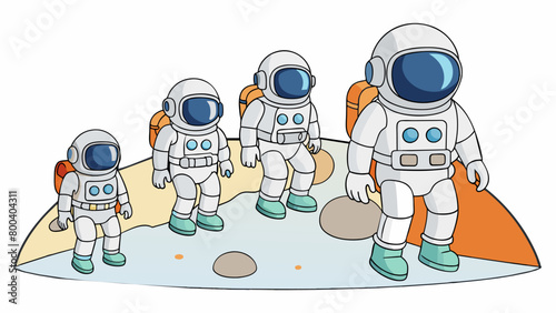 A group of astronauts walks on the surface of a distant planet their space suits designed to withstand extreme temperatures and terrain. The suits. Cartoon Vector.