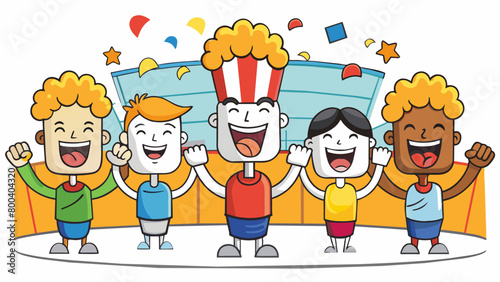 A group of fans cheering and clapping as their favorite team scores a threepointer. The arena is filled with colorful signs and banners and the smell. Cartoon Vector.