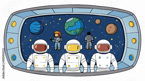 A group of astronauts gather on the edge of a space station module gazing in awe at the vastness of space before them. With a view unobstructed by any. Cartoon Vector.