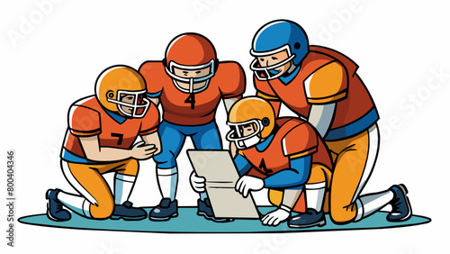 A group of players huddled together strategizing their next move while the quarterback stands behind the offensive line scanning the field for an open. Cartoon Vector.