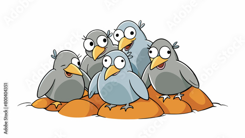 A group of plump flightless birds huddled together on a large rock their sleek feathers glistening in the sunlight.  on white background . Cartoon Vector.
