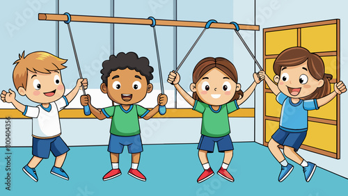 A group of students in PE class lined up in front of a rope hanging from the gym ceiling each taking turns jumping over it as their classmates cheer. Cartoon Vector.