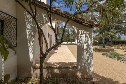 Gardens with trees, recently planted plants on the property with terracotta floors, gravel and tiles of the same material photo