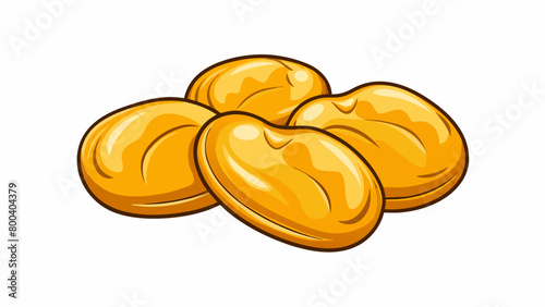 A handful of golden kidneyshaped nuts with a slightly curved surface and a distinct pointed tip. Their texture is firm but crunchy and their flavor is. Cartoon Vector.