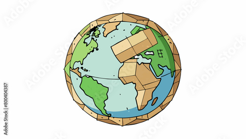 A handcrafted artisanal globe made of recycled materials such as newspaper cardboard and wood. It features a unique and abstract representation of the. Cartoon Vector.