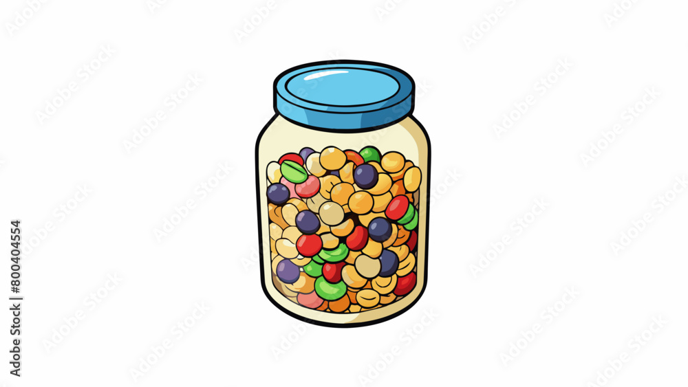 A jar of granola with colorful pieces of cereal nuts and seeds mixed together creating a visually appealing and nutritious snack. on white. Cartoon Vector. A jar of granola with colorful pieces of cereal nuts and seeds mixed together creating a visually appealing and nutritious snack. on white. Cartoon Vector.