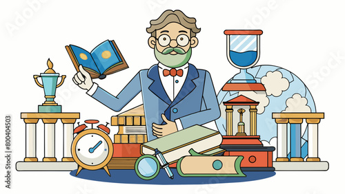 A historian is like a time traveler using the written word and physical evidence to transport themselves to a different era. Through their research. Cartoon Vector.