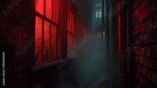 Misty alley with glowing red windows at night photo