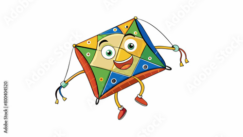 A kite made from recycled materials patched together with colorful scraps of fabric and twine hugs the wind and bounces playfully in the breeze. . Cartoon Vector.