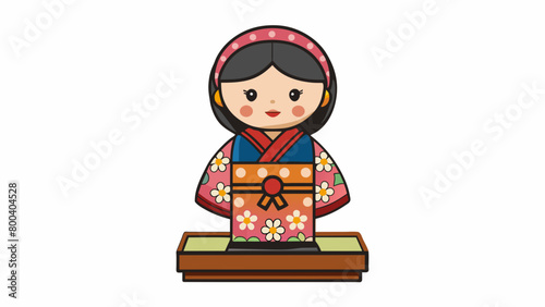 A Japanese kokeshi doll handcarved out of wood and delicately painted with intricate designs. It has a simple cylindrical body and a rounded head with. Cartoon Vector.