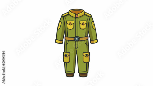 A khaki jumpsuit with multiple pockets and patches designed to make one feel like a fearless jungle explorer. The fabric is sy and durable ideal for. Cartoon Vector.