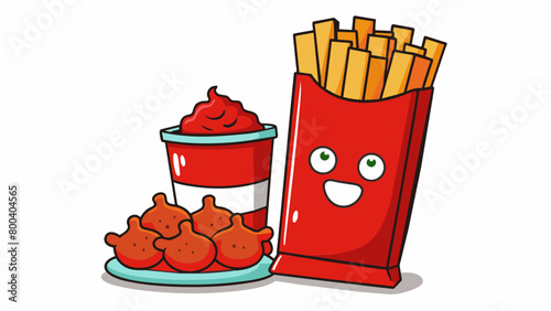 A kidfriendly red sauce found in small plastic packets perfect for dipping chicken nuggets and fries in to create a burst of flavor in each bite. . Cartoon Vector.