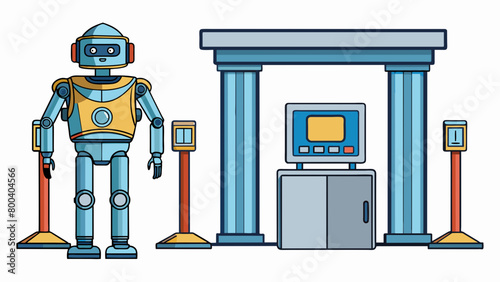 A humanoid security robot stands guard at the entrance of a bank equipped with metal detectors and xray scanners to detect and prevent unauthorized. Cartoon Vector.
