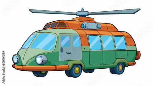 A large and bulky vehicle with helicopterinspired propellers attached to its roof. The wings span out to the sides while in flight resembling a giant. Cartoon Vector.