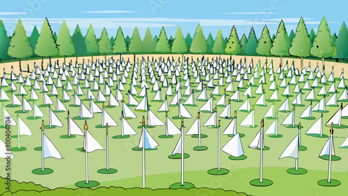 A large open field filled with dozens of white flags each representing a designated spot to hit golf balls from. The grass is neatly trimmed and the. Cartoon Vector.