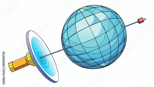 A large spherical object with a bright reflective surface traveling through the vacuum of space. It is constantly rotating and has a long thin antenna. Cartoon Vector.