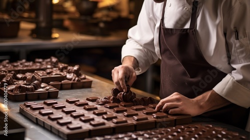 An expert chocolatier is arranging handcrafted artisan chocolates on a tray in a professional kitchen, showcasing skill and quality