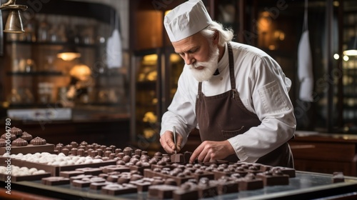 A focused chef is shown giving the final touches to artisan chocolate sweets, illustrating craftsmanship in a kitchen