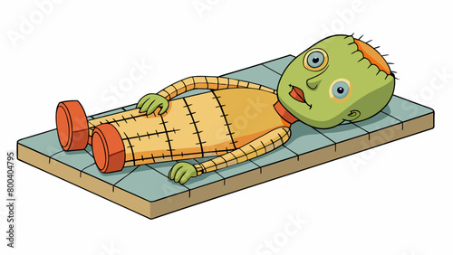 A lifeless figure lying on a slab stitchedup s crisscrossing its body and a bolt protruding from its neck. Its skin is pale and clammy and its limbs. Cartoon Vector.